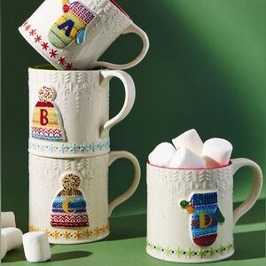 Anthropologie Stoneware Winter Hat Snowflakes Monogram L Mug